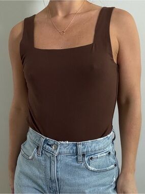 Double-Layer Scoop-Neck brown Tank Top Bodysuit